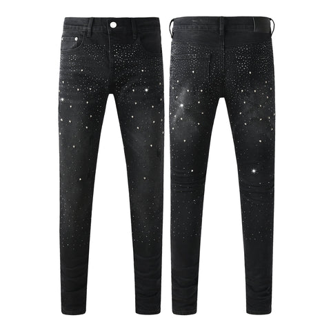 Purple Mens Black Skinny Jeans with Gradient Rhinestone Embellishment Sparkling Night Sky Inspired Denim 9130