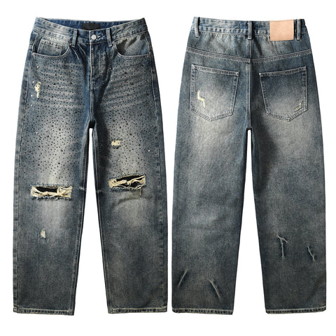Purple Jeans Mens Designer Washed Blue Jeans Loose Fit with Crystal Embellishment and Edgy Ripped Look 9131