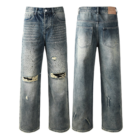 Purple Jeans Mens Designer Washed Blue Jeans Loose Fit with Crystal Embellishment and Edgy Ripped Look 9131