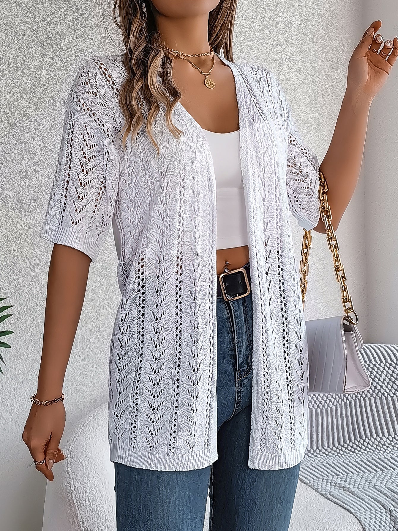 Women S Solid Color Hollow Out Short Sleeve Knit Cardigan Cover-Up