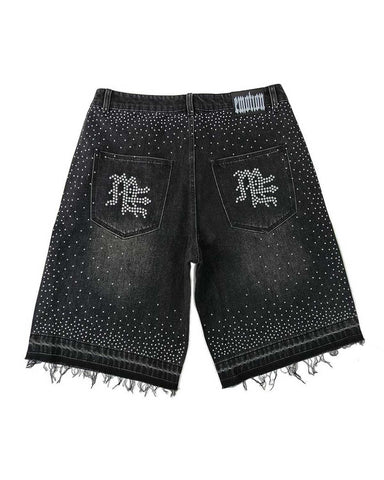 Mixed Emotions "ME" Rhinestone Denim Shorts Black
