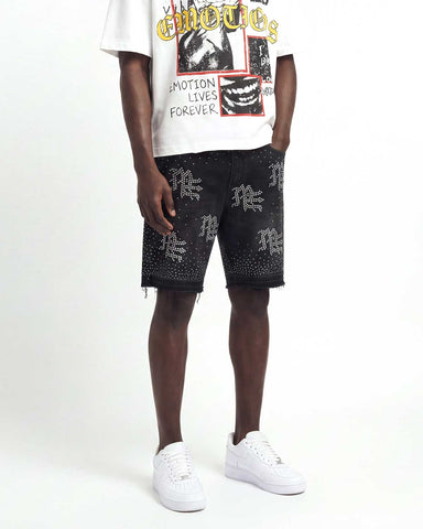 Mixed Emotions "ME" Rhinestone Denim Shorts Black