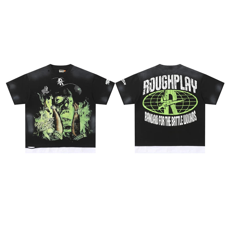 Roughplay Neon Green Monster Portrait Vintage Oversized T‑Shirt