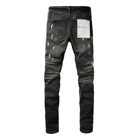 Mens Purple Ripped Jeans Stylish Slim Fit Black Paint High Street Denim Pants 9036