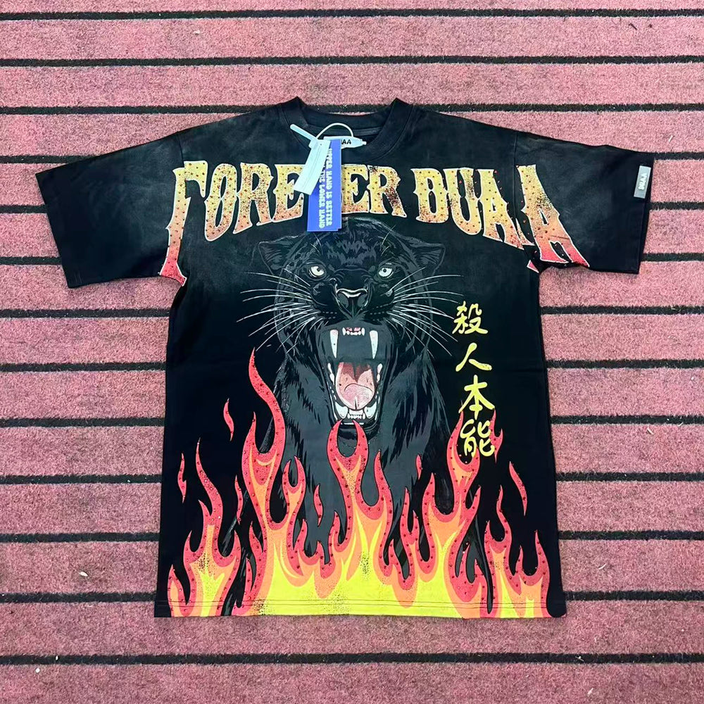 DUAA Black Panther Flame Vintage Oversized T‑Shirt