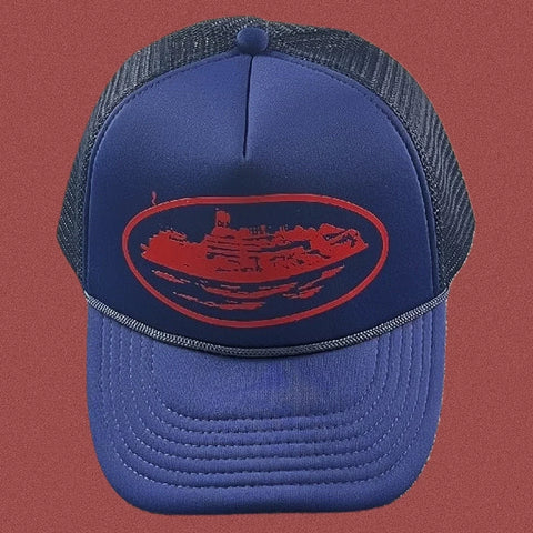 Vintage Blue Trucker Hat with Red Cruise Ship Graphic