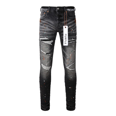 Purple Jeans Mens New Black Grey Jeans - Urban Style with Unique Ripped Patches 9018