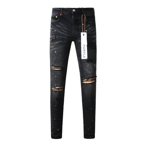 Purple Jeans - Distressed Black Denim with Knee Slit and Ripped Hole 9045