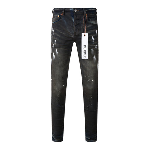 Mens Purple Ripped Jeans Stylish Slim Fit Black Paint High Street Denim Pants 9036