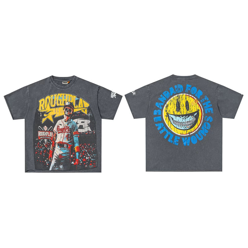 Roughplay Skull Baseball Smiley Face Vintage Oversized T‑Shirt