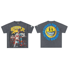 Roughplay Skull Baseball Smiley Face Vintage Oversized T‑Shirt