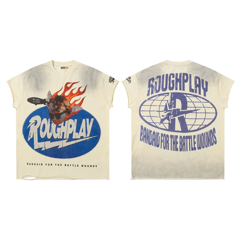 Roughplay Flame Head Portrait Vintage Oversized T‑Shirt