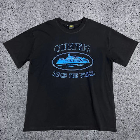 Corteiz "Rules The World" Alcatraz Graphic Tee (Black & Royal Blue Edition)