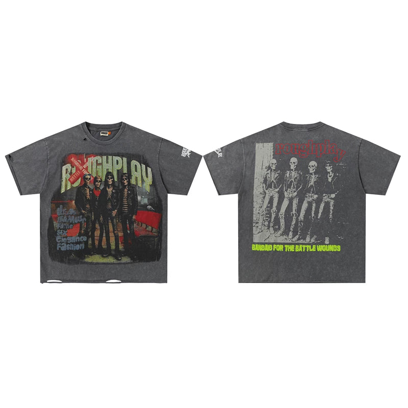 Roughplay Rock Band Skeleton Vintage Oversized T‑Shirt