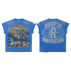 Roughplay Blue Vintage Globe Graphic Oversized T‑Shirt