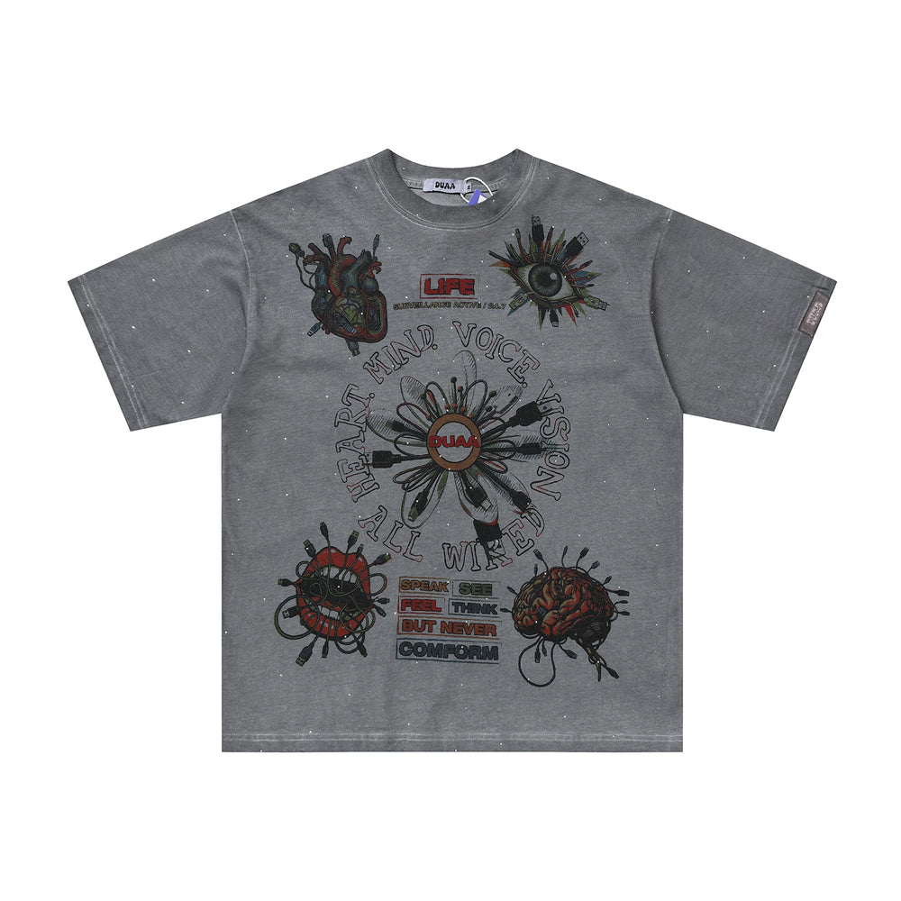 DUAA Psychedelic Organ Graphic Vintage Washed Oversized T‑Shirt