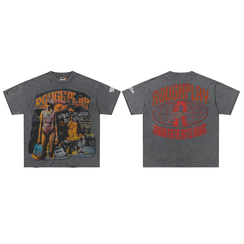 Roughplay Fire Lady Portrait Vintage Oversized T‑Shirt