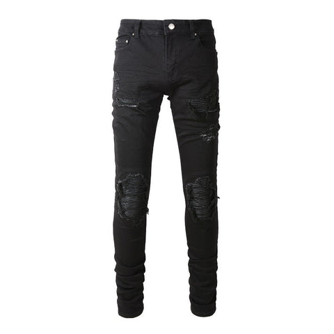 Purple Jeans Men's Slim Fit Black Jeans with Wrinkled Details, Patches, and Ripped Design (602-8520)