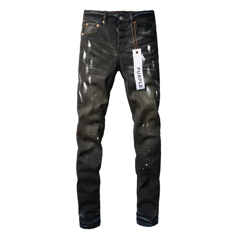 Mens Purple Ripped Jeans Stylish Slim Fit Black Paint High Street Denim Pants 9036
