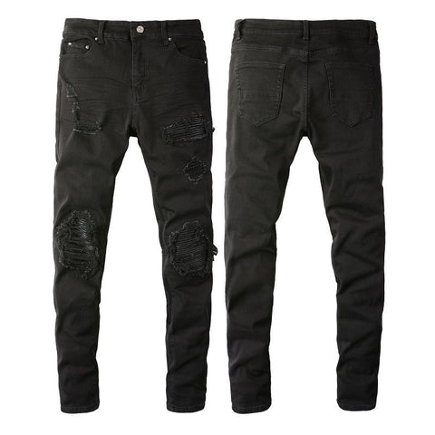 Purple Jeans Men's Slim Fit Black Jeans with Wrinkled Details, Patches, and Ripped Design (602-8520)