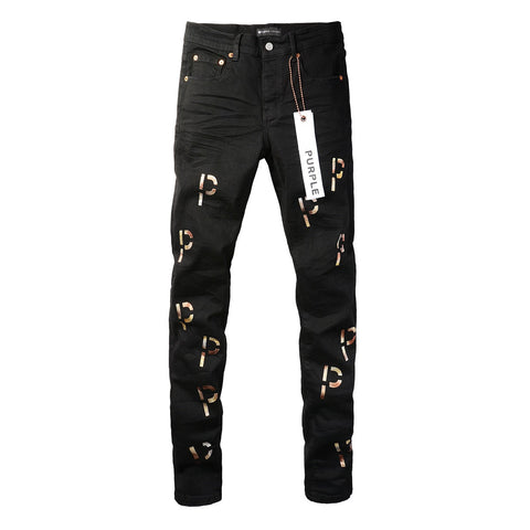 Purple Jeans New Black Letter Printing Vintage Personality Fashion Ripped Jeans 9008