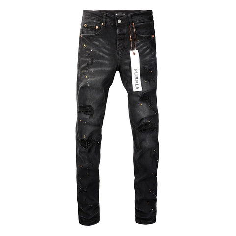 Purple Jeans - Distressed Black Denim with Knee Slit and Ripped Hole 9045