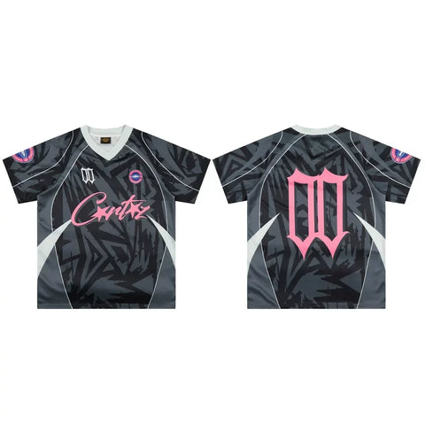 Corteiz Geometric Graphic Athletic Jersey T-Shirt - Black/Grey/Pink
