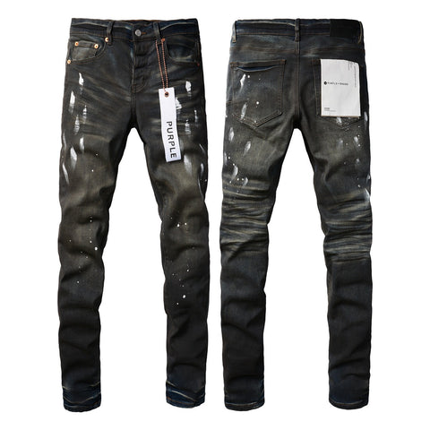 Mens Purple Ripped Jeans Stylish Slim Fit Black Paint High Street Denim Pants 9036