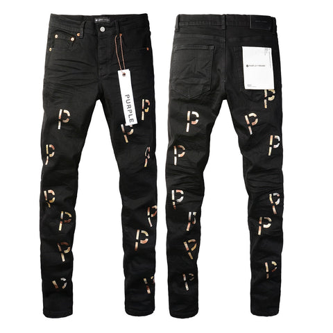 Purple Jeans New Black Letter Printing Vintage Personality Fashion Ripped Jeans 9008