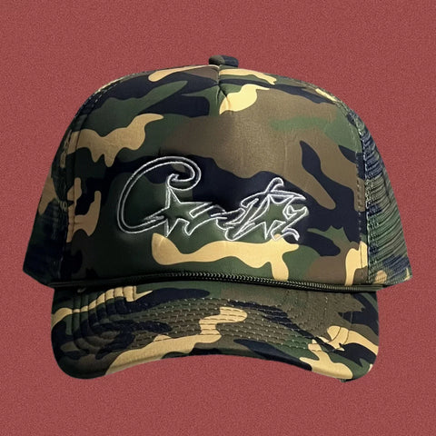 Corteiz Vintage Camo Trucker Hat with Signature Script Logo