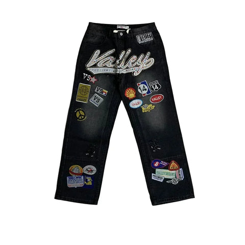 Vale Forever Rhinestone Patchwork Oversized Black Denim Jeans