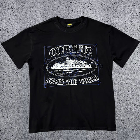Corteiz "Rules The World" Blueprint Graphic T-Shirt – Black | Authentic Streetwear