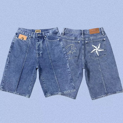 Corteiz Back Star Embroidery Heavyweight Denim Shorts BLue
