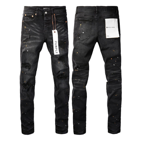 Purple Jeans - Distressed Black Denim with Knee Slit and Ripped Hole 9045