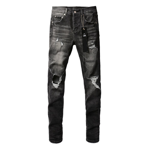 Purple Black Distressed Jeans 9079 Long Pants with Stylish Rips and Tears