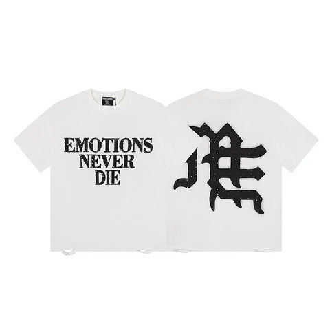 MIXED EMOTION "Emotions Never Die" Gothic Logo Graphic Short Sleeve T-Shirt - Off-White