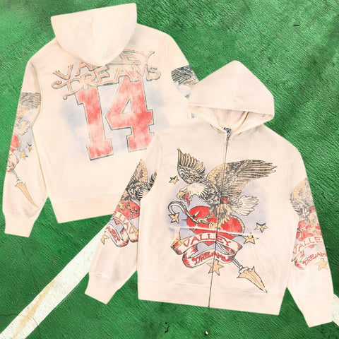 Vale Forever Graphic Full-Zip Hoodie (Cream / Eagle, Heart & Number 14)