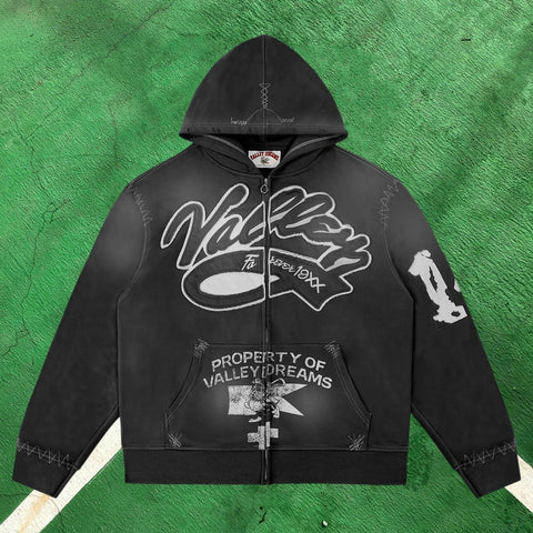 Vale Forever Contrast Stitch Full-Zip Hoodie (Washed Black / Property of Vale Forever)