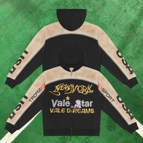 Vale Forever Graphic Full-Zip Hoodie (Black & Beige / New York & Vale Star Motifs)