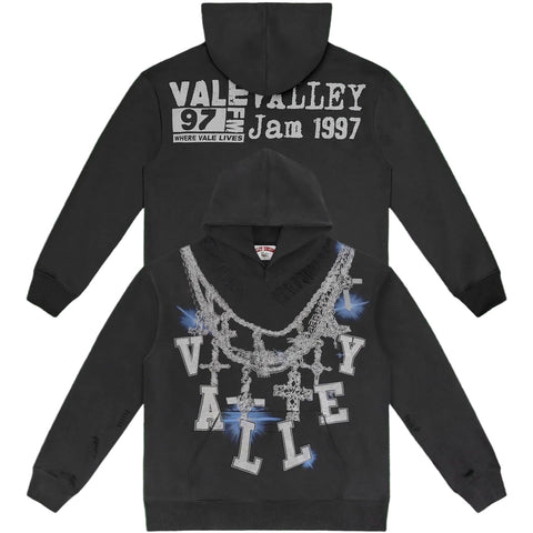 Vale Forever Graphic Pullover Hoodie (Washed Black / Rhinestone Chain & Cross Motifs)