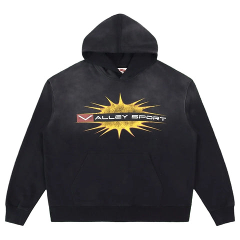 Vale Forever Graphic Pullover Hoodie (Washed Black / Yellow Starburst "Valley Sport" Motif)