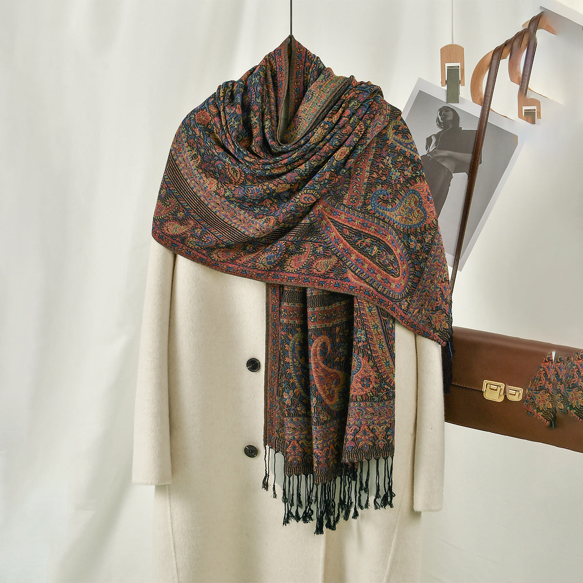 Cashew Printed Thick Jacquard Tassel Shawl For Women