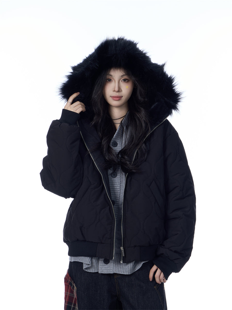 American Retro Rhombus Fur Collar Cotton Cardigan Hooded Cotton Jacket