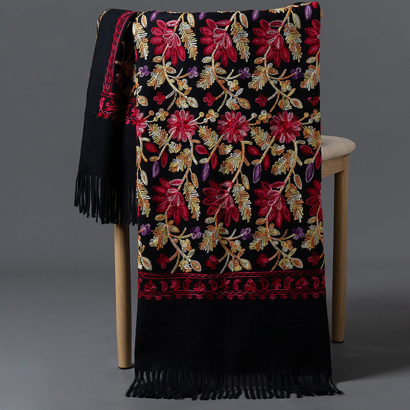 Rich Red Embroidered Winter Scarf For WomenSpringtime Blossoms All Around
