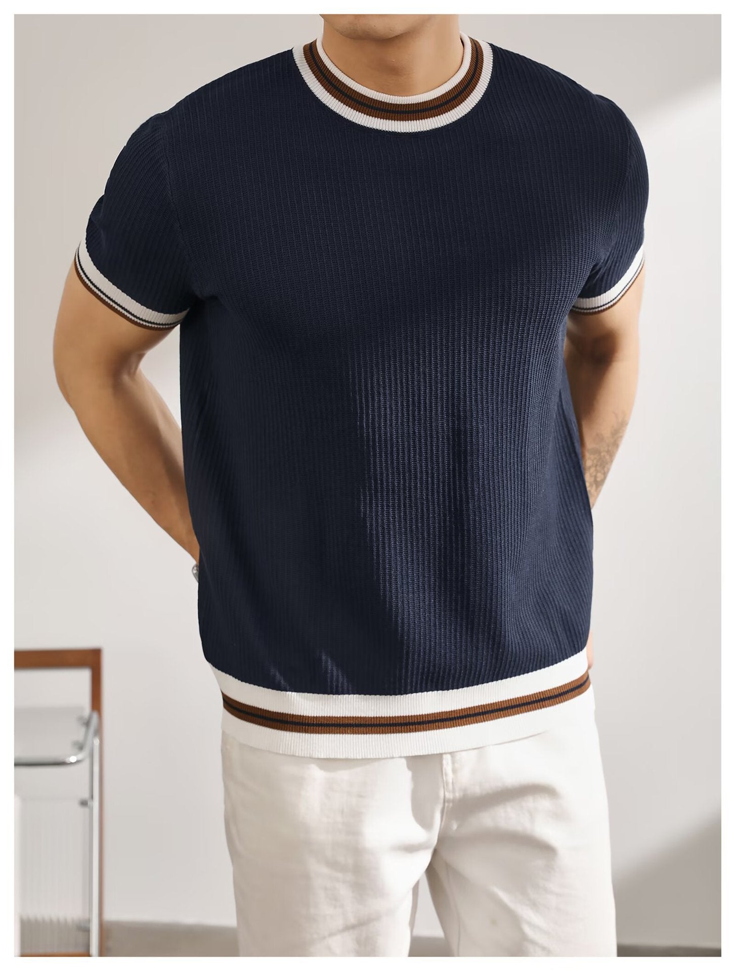 Women's Textured Jacquard Color-Block Knitted T-Shirt
