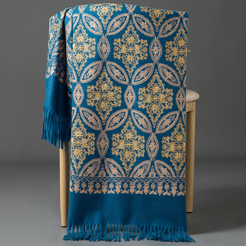 Autumn Winter Embroidered Golden Silk Lily Design In Xinjiang Cashmere