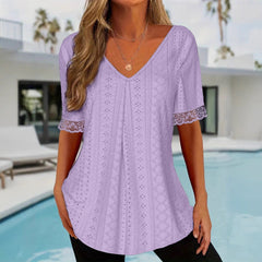 Womens Solid-Color V-Neck Loose Short-Sleeve Pleated T-Shirt Top