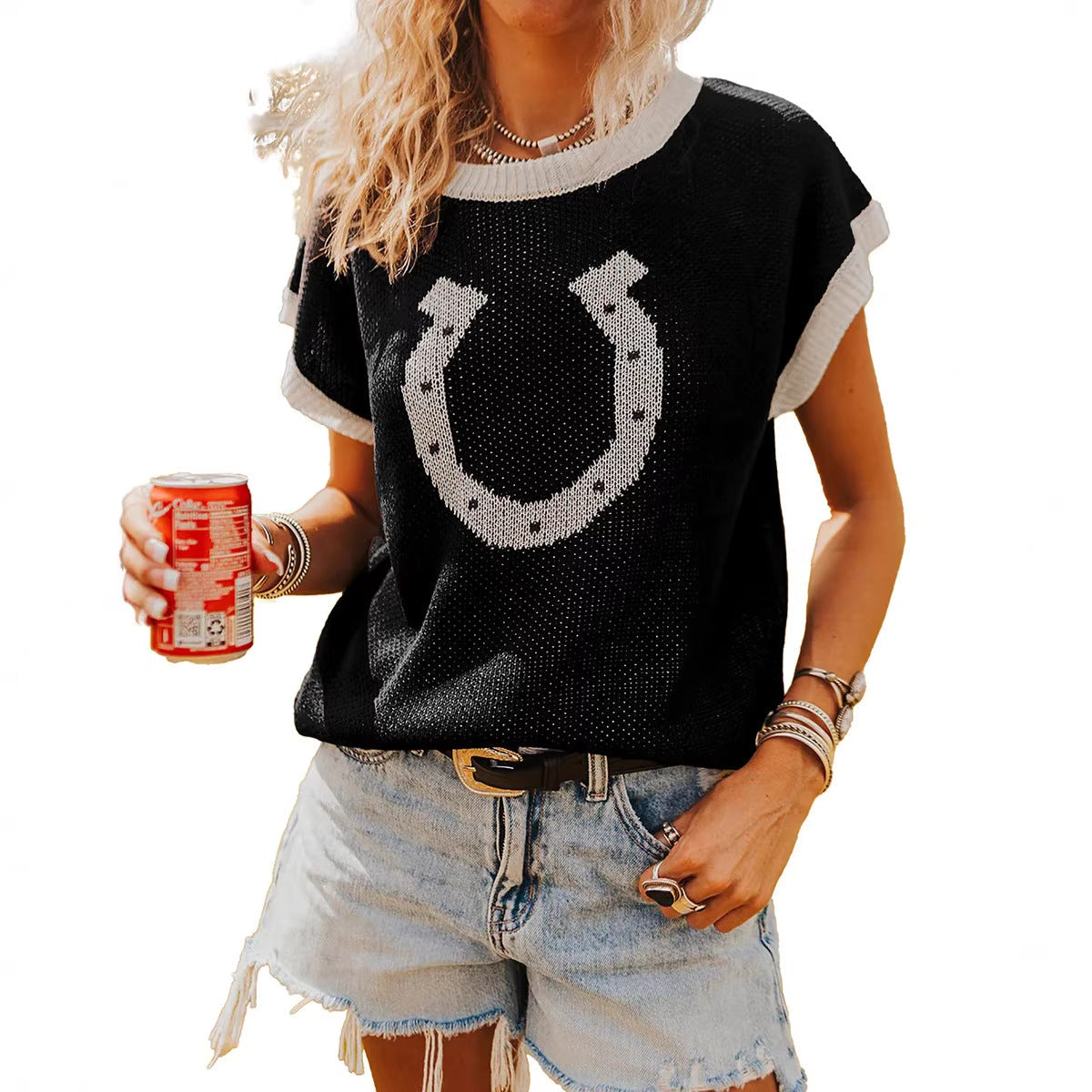 Womens Crew-neck Knitted Short-sleeve Pullover Top