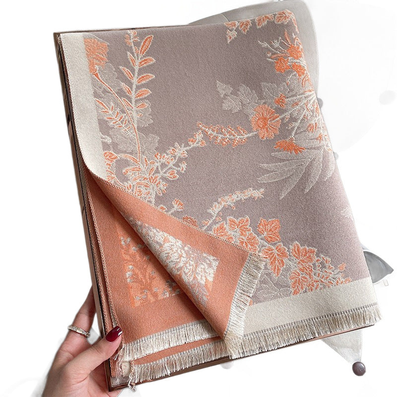 A Thick Warm Floral Tassel Shawl