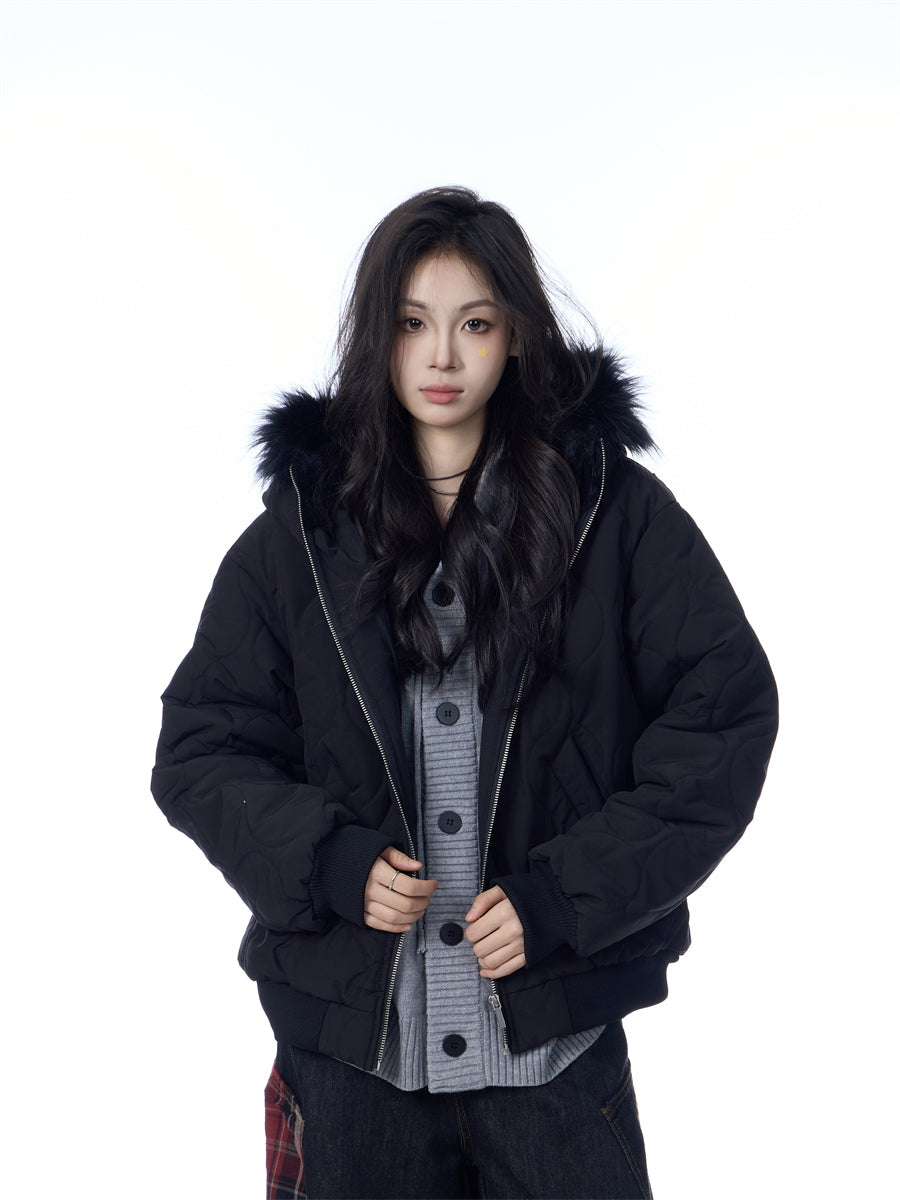 American Retro Rhombus Fur Collar Cotton Cardigan Hooded Cotton Jacket